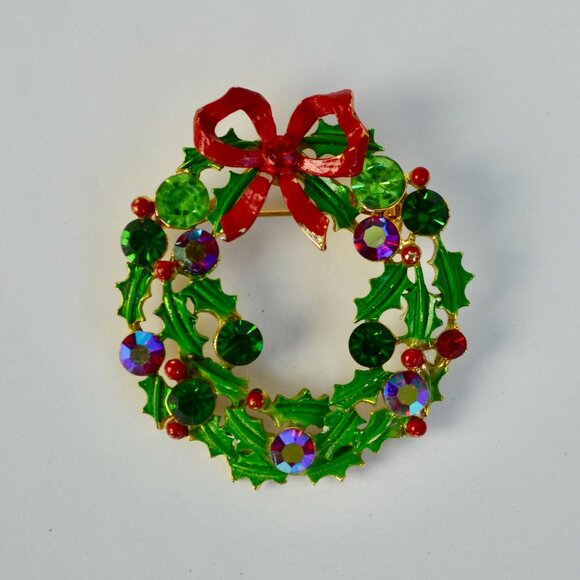 Weiss Christmas Wreath Brooch Rhinestone Jeweled Vintage - Picture 1 of 2